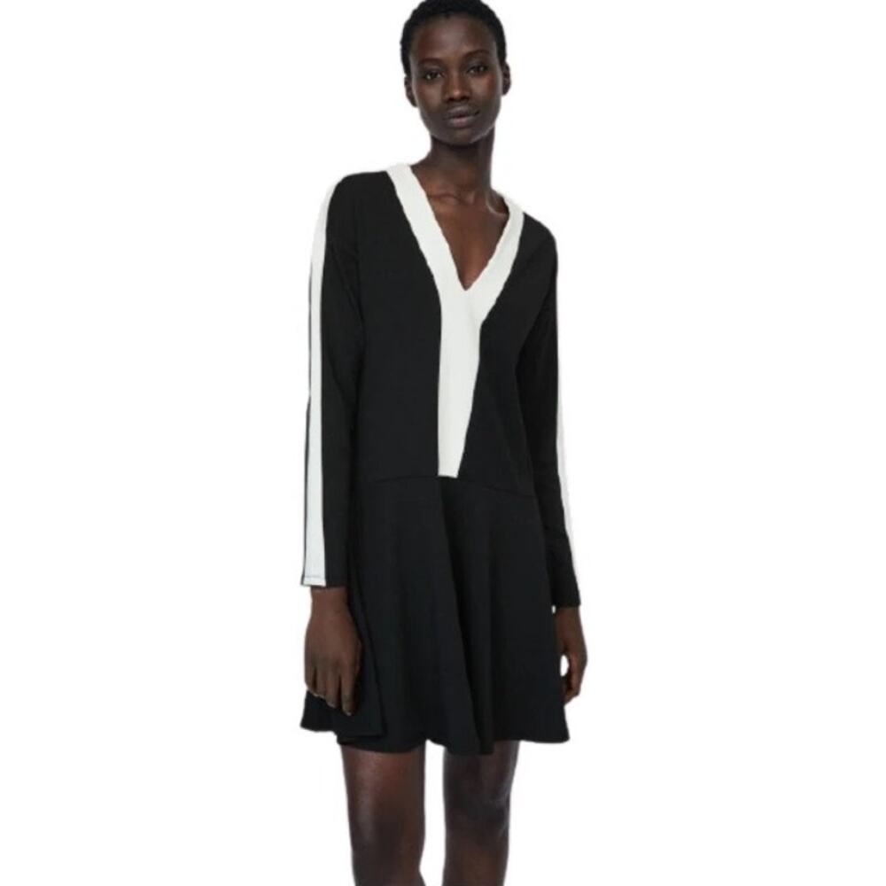 Zara Colorblock Flare Hem Long Sleeve Dress Size M Medium Black - Picture 8 of 8